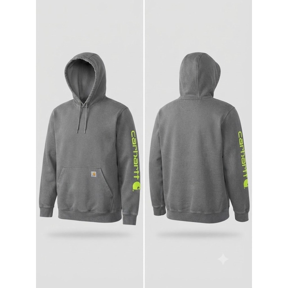 Carhartt Hoodie Mens M Grey Neon Green Sleeve Logo Loose Fit K288 Sweatshirt